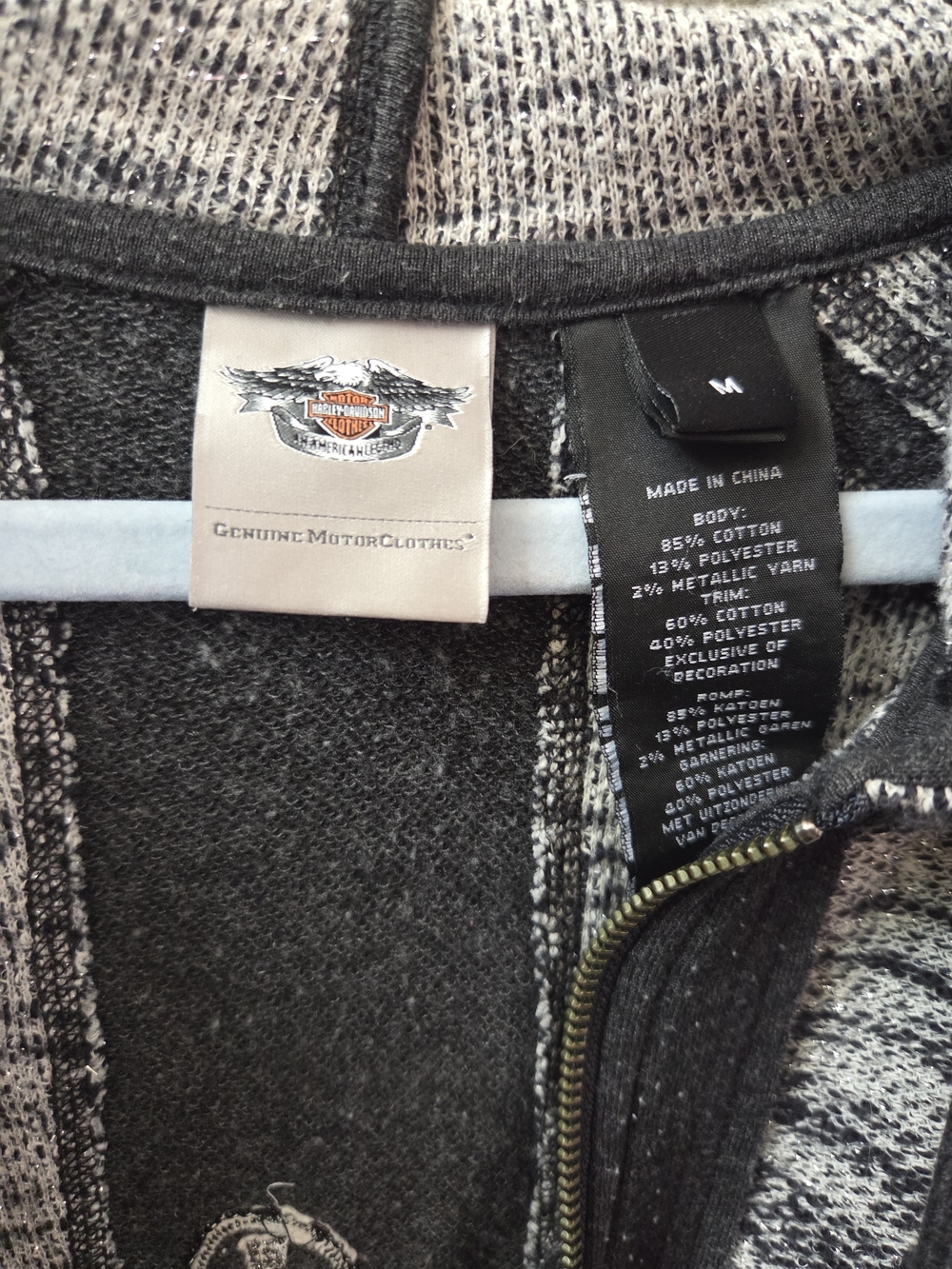 Harley-Davidson Black and Gray Hooded Knit Sweater with Embroidered Cross Patch - Picture 2 of 4